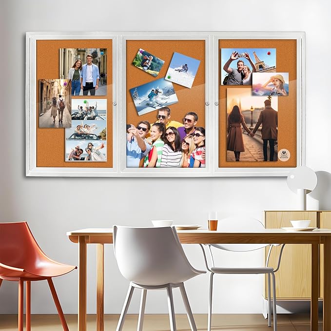 Lockable Outdoor Enclosed Bulletin Board, Weatherproof Cork Noticeboard with Locking Door, Wall-Mounted Aluminum Silver Framed Display Case for Messages,70x36 Inch