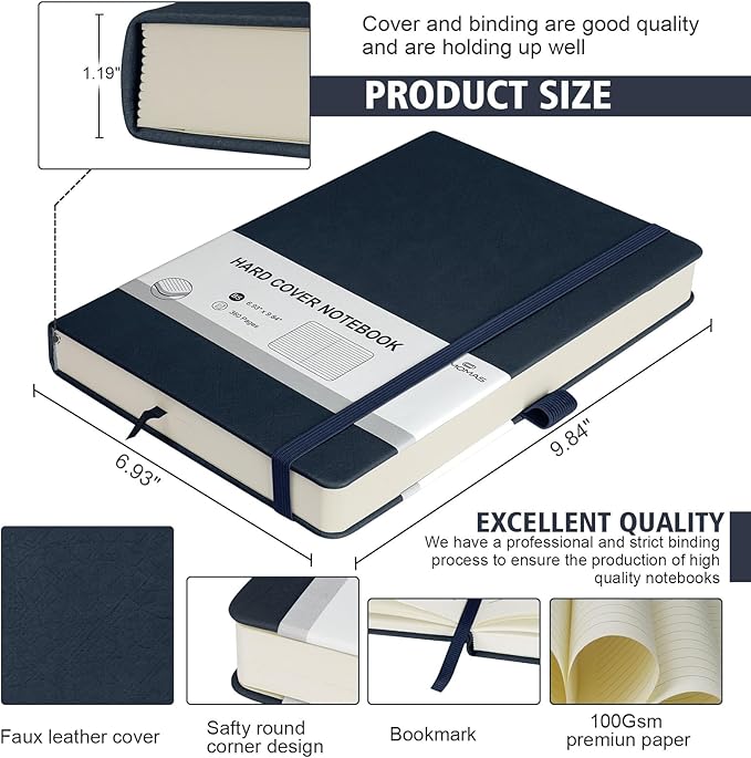 Lined Journal Notebook, 360 Numbered Pages(With page number), Thick Journal for Writing B5 College Ruled Notebook, 100gsm Lined Paper, Leather Hardcover, 9.8'' X 6.9''-Denim Blue