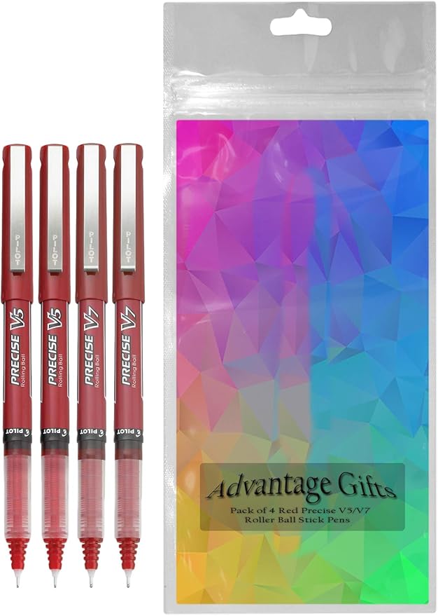 Precise V5/V7 Stick Rolling Ball Pens, Fine and Extra Fine Point, Assorted Points Red Ink, 4-pk; Bundle with Plastic Reusable Pouch