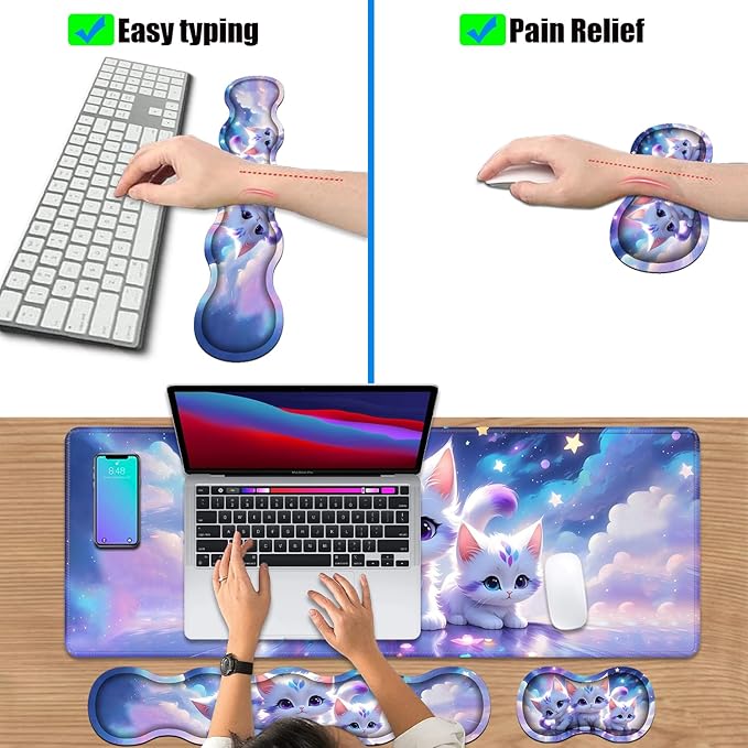 4 in 1 Ergonomic Keyboard Wrist Rest & Mouse Pad Wrist Rest Set, Large XXL Gaming Desk Mat 31.5"x 11.8" with Non-Slip Base, Memory Foam for Home Office Study Gaming, Cute Cat