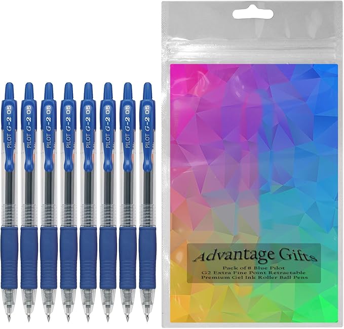 G2 Retractable Premium Gel Ink Roller Ball Pens Extra Fine Point (.5mm) Blue Ink 8 pack; Refillable & Premium Comfort Grip Bundle with Plastic Reusable Pouch