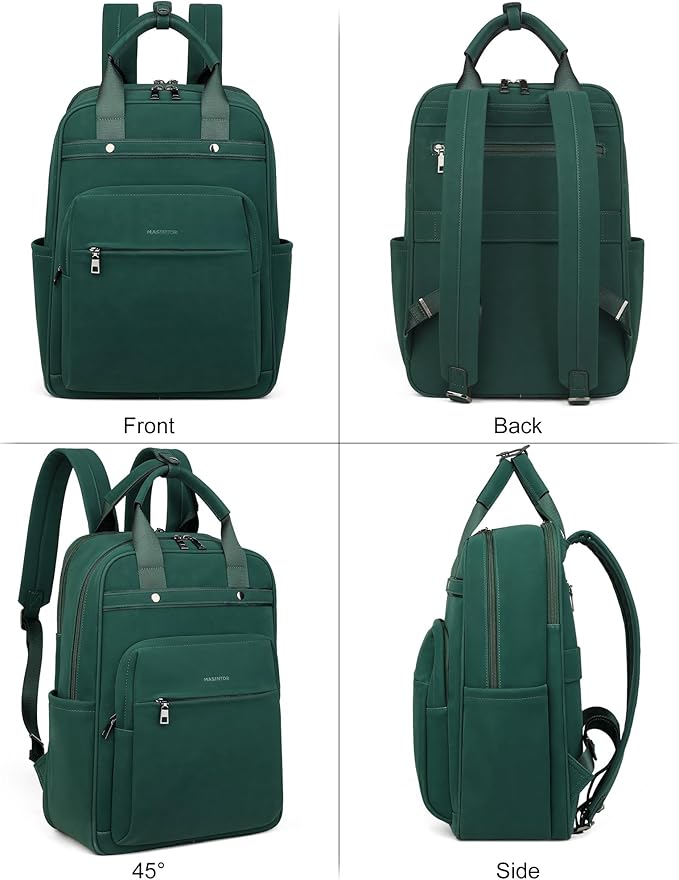MASINTOR Leather Laptop Backpack for Women, Stylish Computer Backpack College Business Work Shoulder Bags Work and Travel Retro Green