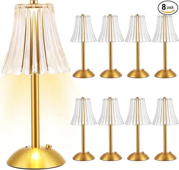 Liliful 8 Pcs LED Portable Cordless Table Lamp Touch Battery Operated Rechargeable Gold Desk Lamp 3 Color Dimmable for Bedroom Living Room Dining (Gold,Rose Style)