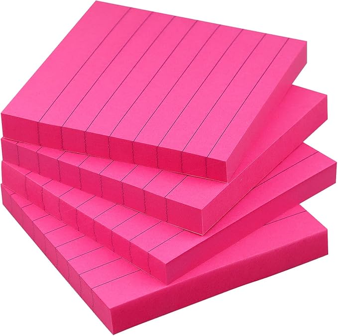 Lined Sticky Notes 3x3 Sticky Notes with Lines Self-Stick Notes Bright Color 4 Pads 90 Sheets/Pad (Rose Red)