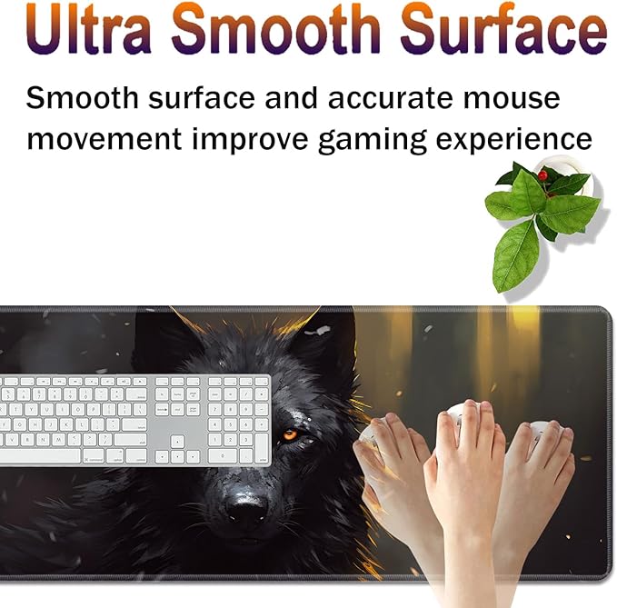 Large XXL Gaming Desk Mat 31.5"x 11.8", Ergonomic Keyboard Wrist Rest & Mouse Pad Wrist Rest + Coaster Set, Non-Slip Base, Memory Foam, Office and Home, Black Wolf