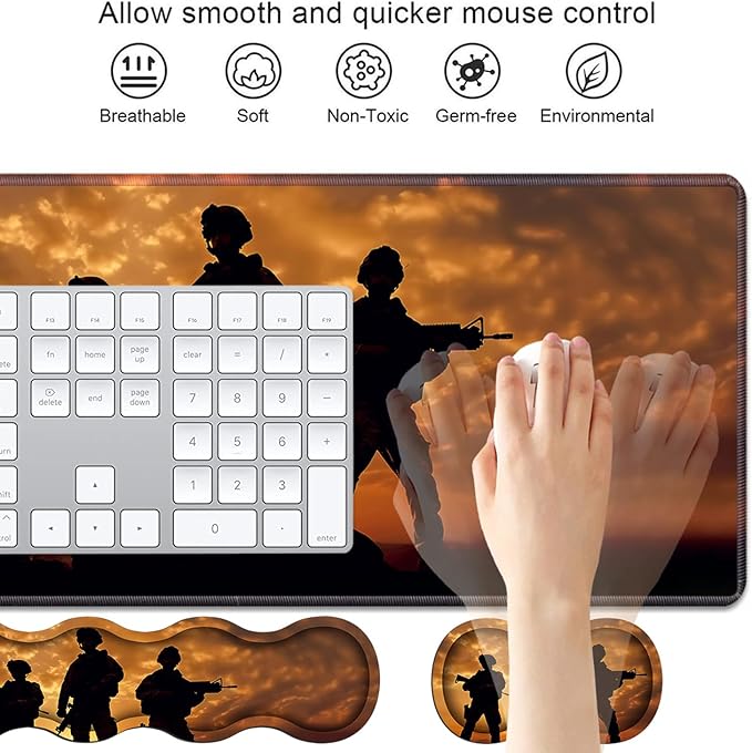 4 in 1 Ergonomic Keyboard Wrist Rest & Mouse Pad Wrist Rest Set, Large XXL Gaming Desk Mat 31.5"x 11.8" with Non-Slip Base, Memory Foam for Home Office Study Gaming, American Soldiers