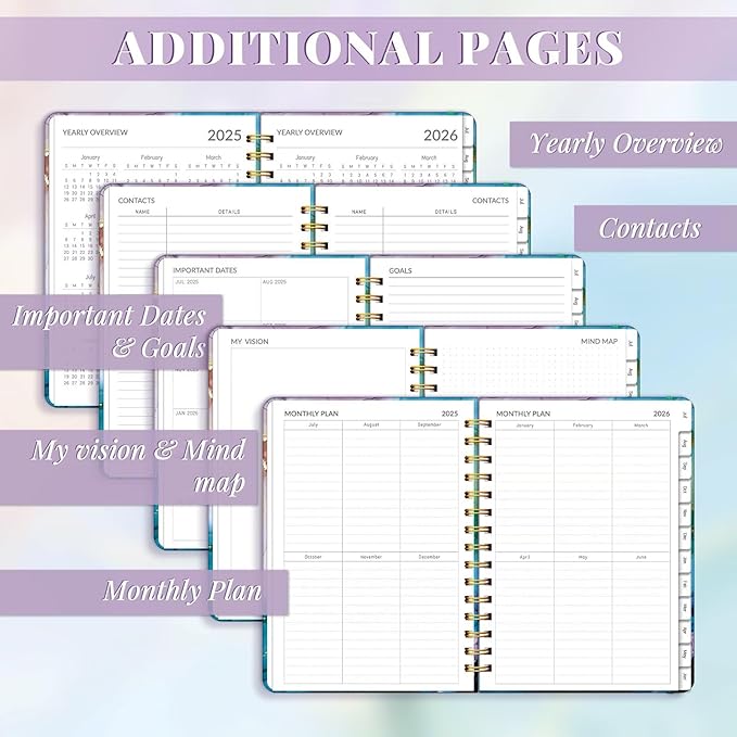 Lonely Oak Academic Planner 2025-2026, Daily Weekly and Monthly Calendar Planner 6.18" x 8.5" with Tabs, Spiral School Year A5 Agenda from JUL.2025 to JUN.2026 for Student and Teacher (Cyan Marble)