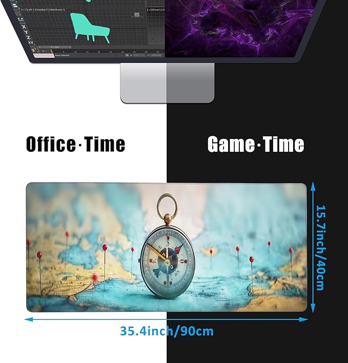 Mouse Pad,Compass on World Map Desk Mat for Desktop,Desk Pad with Non-Slip Base and Stitched Edge,Extended Mousepad for Office and Home 35.4X15.7 Inch