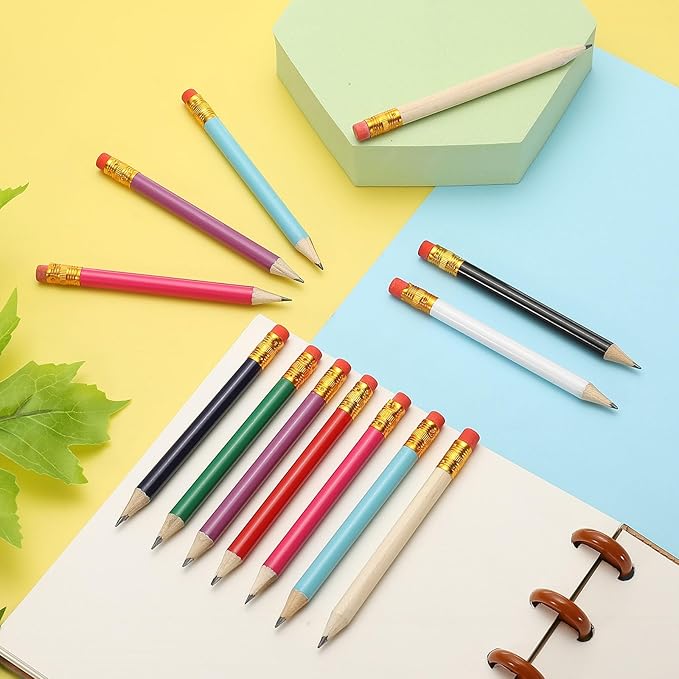 MECCANIXITY Golf Pencils with Erasers, 4" HB Mini Half Pencils Pre Sharpened Small Pens for Wedding Bridal Shower Game Office Writing Drawing(Wood Color/Black, Pack of 50)