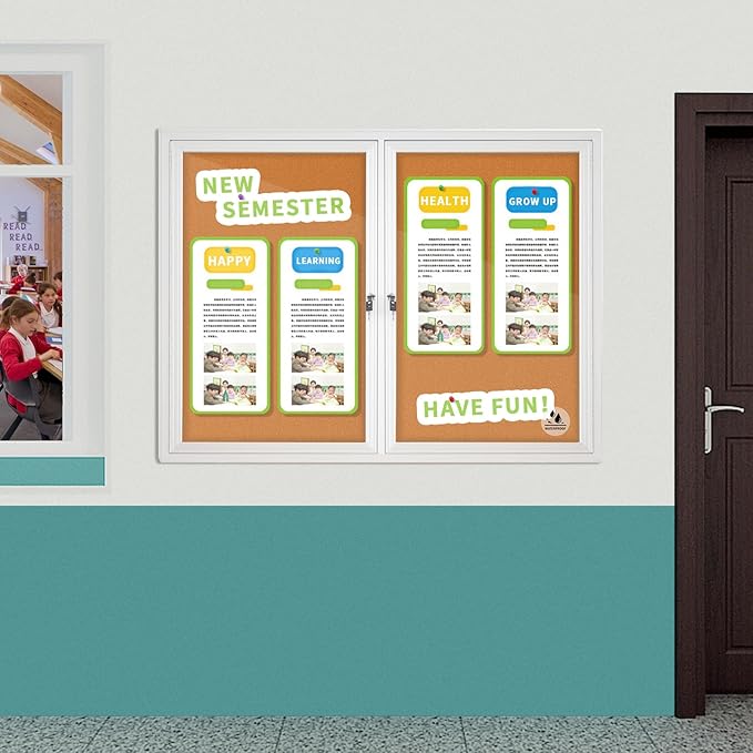 Lockable Outdoor Enclosed Bulletin Board, Weatherproof Cork Noticeboard with Locking Door, Wall-Mounted Aluminum Framed Display Case for Messages (Silver Frame & Cork, 44x32 in)