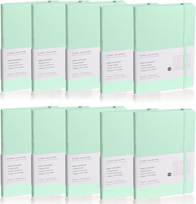 Lined Journal Notebook, 10Pack(Eggshell Green), 160 Pages, Medium 5.7 inches x 8 inches - 100 gsm Thick Paper, Hardcover