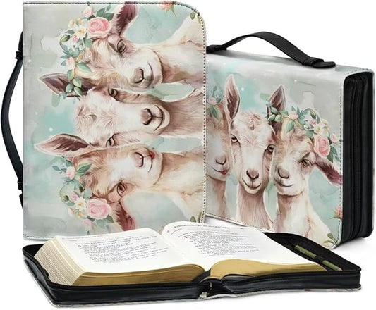 Lotusorchid Flowers Goat Printed Bible Cover for Women, Large Bible Cover for Women PU Leather Bible Case Bible Carrying Case Bible Covers Church Bag Bible Protective with Handle and Zippered Pocket