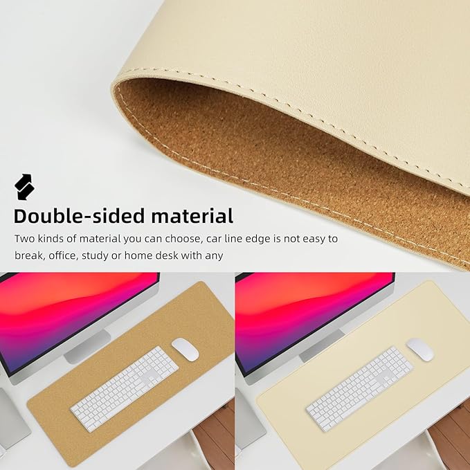 Leather Desk pad Protector, Large Desk mat with Natural Cork & PU Leather,Mouse pad,Non-Slip Office Desk Mat,Waterproof Desk Writing Pad for Office and Home (47in*23.7in, Apricot)