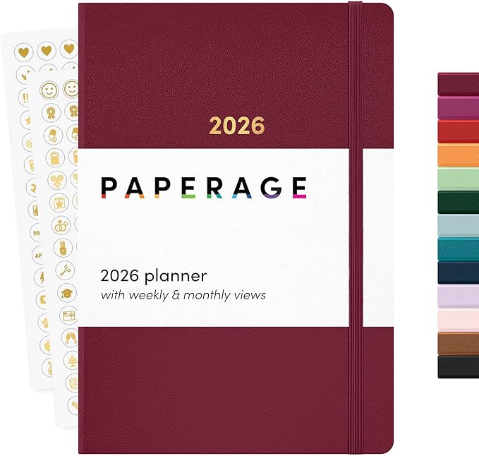 PAPERAGE 2026 Weekly & Monthly Planner, 12 Months (January 2026 - December 2026), 5.6 in x 8 in, Hardcover 2026 Planner with Weekly & Monthly Spreads, Note Pages, Stickers & Back Pocket – Burgundy