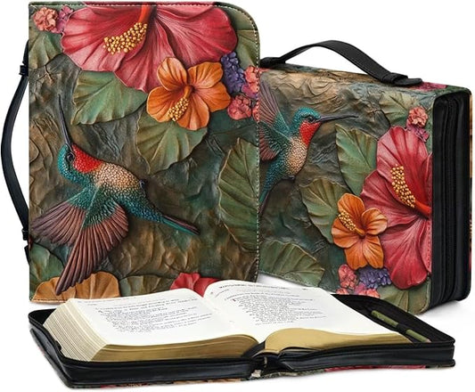 Lotusorchid Leather Bible Book Cover Case with Handle Pocket, Hummingbird Bible Cover Case with Pen Storage, Sturdy PU Bible Tote Bag, Bible Accessories, 2XL