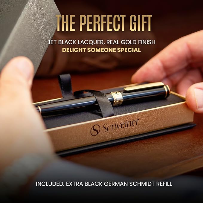 Scriveiner Black Lacquer Rollerball Pen - Stunning Luxury Pen, Real Gold Plating, Schmidt Ink Refill, Best Roller Ball Gift Set for Men & Women, Professional, Executive Office, Nice Pens