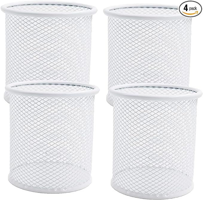 Pen Holder Mesh Pencil Holder Metal Pen Holder Cup Pencil Cup Holder for Desk Office Pen Organizer White, 4 Pack