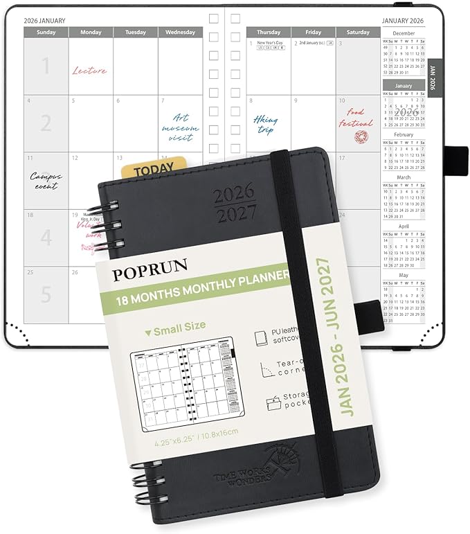 POPRUN Monthly Planner 2026-2027 (Pocket 4.25" x 6.25") 18 Months Calendar (Jan 2026 - Jun 2027) - 4 Pages per Month with Expense & Notes, Leather Cover, Sunday Starts - Black