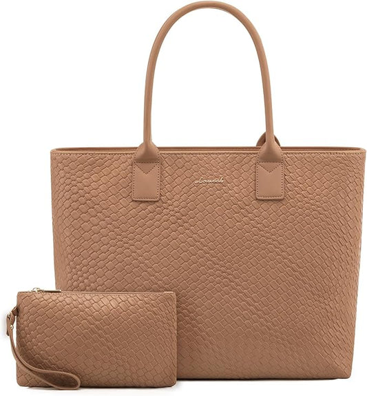 LOVEVOOK Laptop Tote Bag for Women 15.6 Inch, Woven-like PU Work Tote Briefcase for Office with Small Clutch, Light Brown
