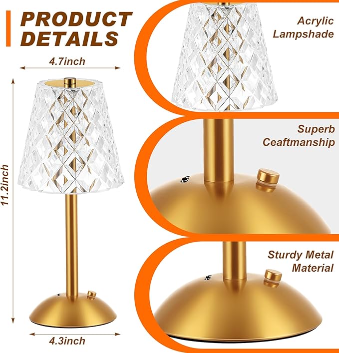 Liliful 4 Pcs LED Portable Cordless Table Lamp Touch Battery Operated Rechargeable Gold Desk Lamp 3 Color Dimmable for Bedroom Living Room Dining (Gold,Diamond Style)