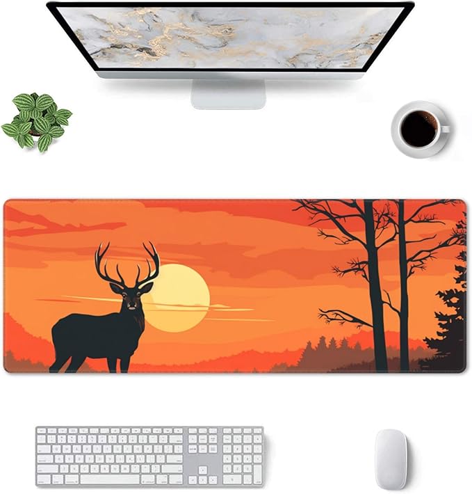 Large Size Sunset with a Silhouetted stag Print Gaming Mouse Pad 31.5 x 12 Inch, Stitched Edges, Anti-Slip Base, Waterproof Surface