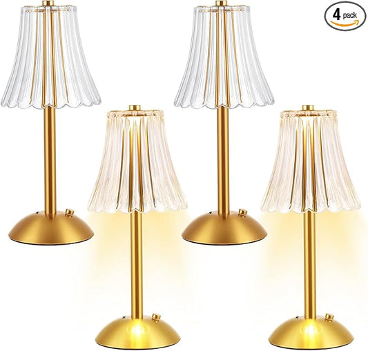 Liliful 4 Pcs LED Portable Cordless Table Lamp Touch Battery Operated Rechargeable Gold Desk Lamp 3 Color Dimmable for Bedroom Living Room Dining (Gold,Rose Style)
