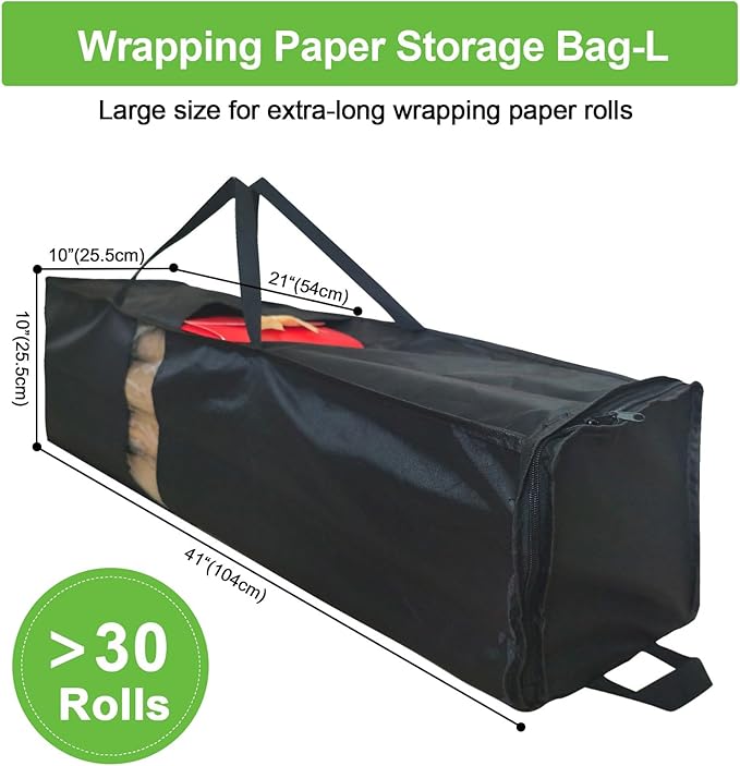 Newbob Wrapping Paper Storage Bag, 41" Gift Wrapping Organizer Storage for Paper Rolls up to 30 Rolls, Heavy Duty Waterproof Gift Wrap Container with PVC & Side Pocket & Handles & Zipper