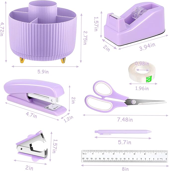Purple Desk Accessories, Purple Office Supplies 360°Pen Holder Desk Organizers And Accessories with Tape Dispenser, Stapler, Staple Remover, 1000 Staples, Tape, Clips Set, Ruler, Scissor, Pen