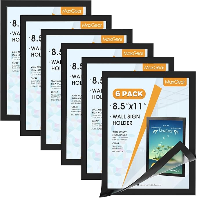 MaxGear Sign Holder 8.5 x 11 Wall Mount, Magnetic Clear Plastic Sign Holders, Self Adhesive Display Picture Frames, Display in Portrait or Landscape Format for Home, Office, Store(Black, 6 Pack)