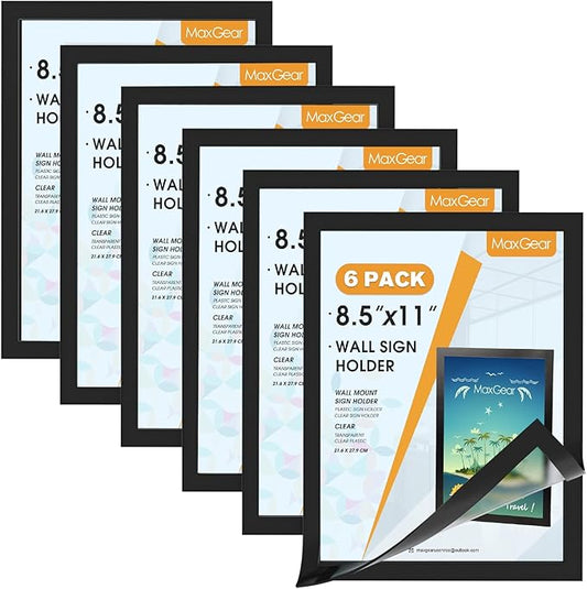 MaxGear Sign Holder 8.5 x 11 Wall Mount, Magnetic Clear Plastic Sign Holders, Self Adhesive Display Picture Frames, Display in Portrait or Landscape Format for Home, Office, Store(Black, 6 Pack)