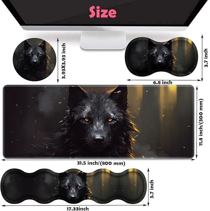 Large XXL Gaming Desk Mat 31.5"x 11.8", Ergonomic Keyboard Wrist Rest & Mouse Pad Wrist Rest + Coaster Set, Non-Slip Base, Memory Foam, Office and Home, Black Wolf