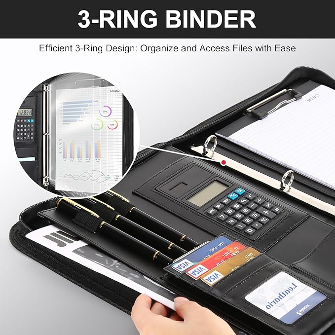 Leathario 3-Ring Portfolio Binder, Includes 5 Sheet Protectors and a Pen, 13 Inch Tablets Organizer, Vegan Leather A4 Padfolio, Multi-Pocket Notepad Business Planner Professional Document