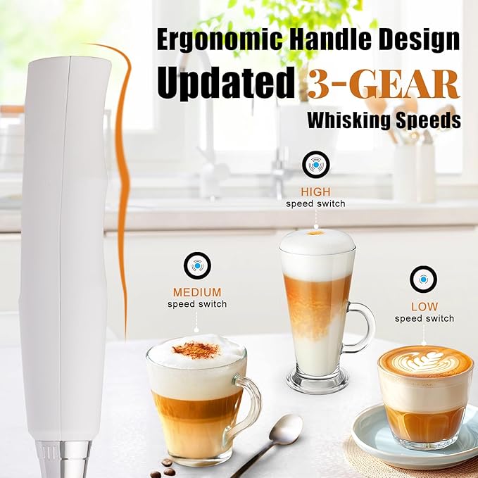 Nahida White Milk Frother Wand for Coffee, Frother Handheld Rechargeable Electric Whisk with 3 Heads 3 Speeds Drink Mixer Coffee Frother Foam Maker For Latte, Cappuccino, Hot Chocolate, Egg