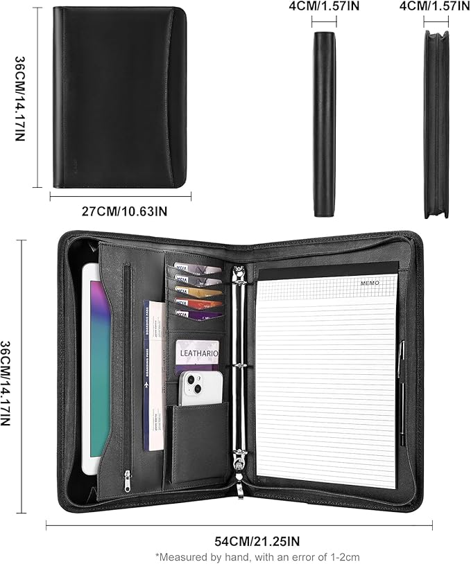 Leathario Portfolio Binder, Includes 10 Sheet Protectors and 3 Notepads, 3-Ring Folder Organizer, A4 Padfolio with Zipper, Vegan Leather Tablet Sleeve, Business Office Conference Clipboards