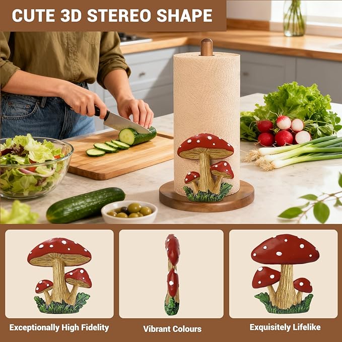 Mushroom Kitchen Decor, Cottage Core Decor, 3D Mushroom Gifts for Women, Cute Wooden Paper Towel Holder, Kitchen Accessories, Housewarming Gifts