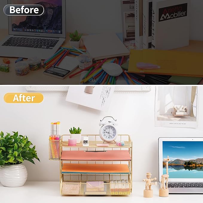 Lavatino Paper Letter Tray Organizer with File Holder, 4-Tier Desk Accessories & Workspace Desk Organizers with Drawer and 2 Pen Holder for Office Supplies (Gold)