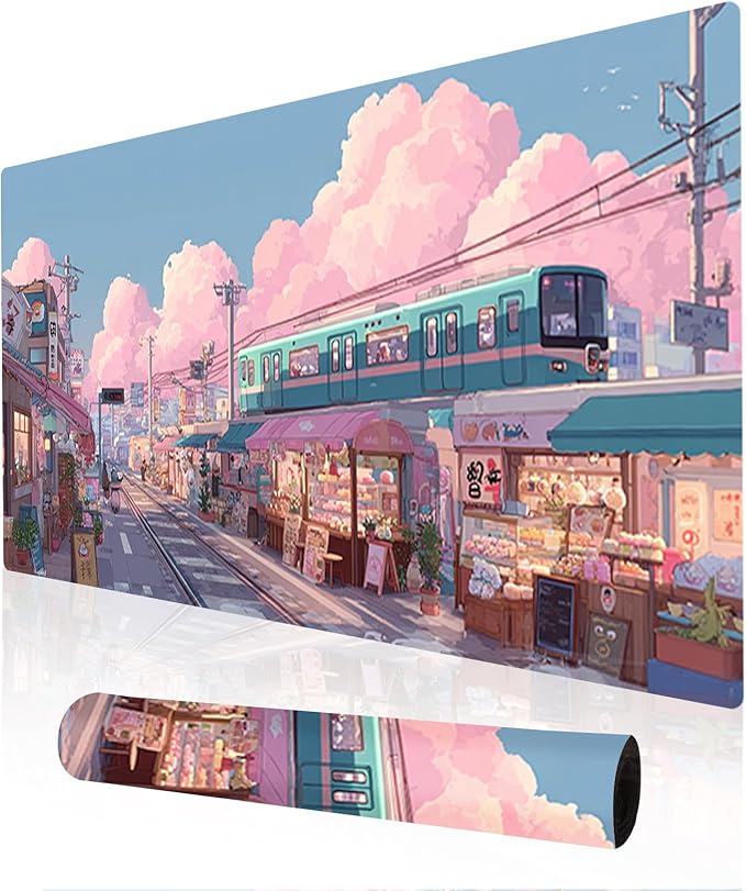 Nuxovilar Professional Large Mouse Pad & Computer Game Mouse Mat (35.4x15.7IN, Pastel Cartoon Town Art) (90 * 40cm Pastel Cartoon Town)