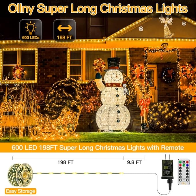 Ollny 198 FT 600 LED Outdoor Waterproof Plug in Christmas Tree Lights with 8 Modes Remote Timer, String Lights for House Yard Outside Indoor Xmas Decorations Warm White