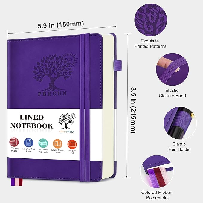 Lined Journal Notebook for Men & Women, 160 Pages College Ruled Journal for Writing, A5 Hardcover Leather Notebooks for Work, School, Business, Travel, Daily Diary 5.9" x 8.5" - Purple