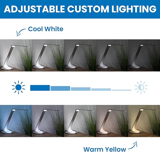 Mount-It! LED Desk Lamp with Wireless Charger and USB-C Charging Port, Dimmable Desk Lamp with 25 Brightness and Color Modes, for Home or Office, Adjustable Arm, Silver/White