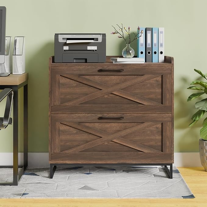 Lateral File Cabinet 2 Drawer File Cabinet with Charging Station, Modern Farmhouse Large Wood File Storage Cabinet for Home Office Furniture(Dark Walnut)