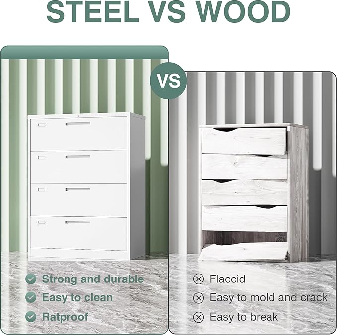 Letaya 4 Drawer File Cabinet with Lock, Metal Lateral Filing Cabinet Wide Office Organization Storage for Home Office Hanging Letter/Legal/F4/A4 (White-Requires Installation)