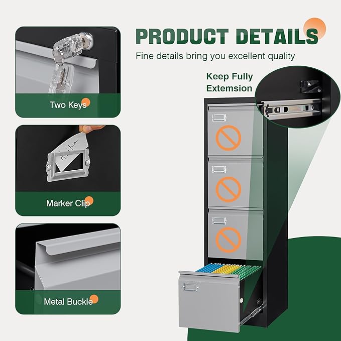 Letaya 4 Drawer File Cabinet with Lock,Metal Office Filing Cabinets for Home Office- Storage A4/F4/Letter/Legal -Assembly Required (Black Grey)