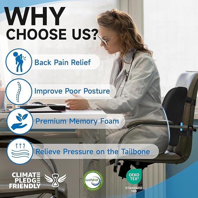 Lumbar Support Pillow for Office Chair, College Dorm Room Essentials, Memory Foam, Lower Back Support for Car, Back Pain Relief, Back Cushion for Chair with Adjustable Strap and Mesh Washable Cover