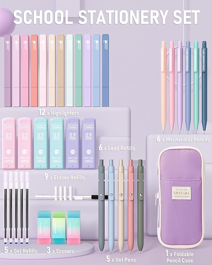 Four Candies 39 PCS Aesthetic School Supplies with Cute Pen Case, 12 Pastel Highlighters, 5 Black Ink Gel Pens, 6 Mechanical Pencils Set for Students Stationary College Essentials (Purple)