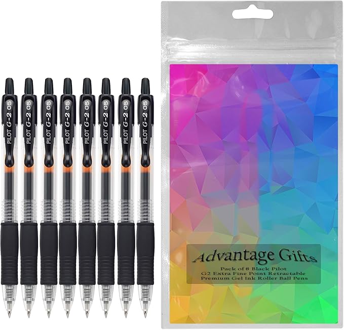 G2 Retractable Premium Gel Ink Roller Ball Pens Extra Fine Point (.5mm) Black Ink 8 pack; Refillable & Premium Comfort Grip Bundle with Plastic Reusable Pouch
