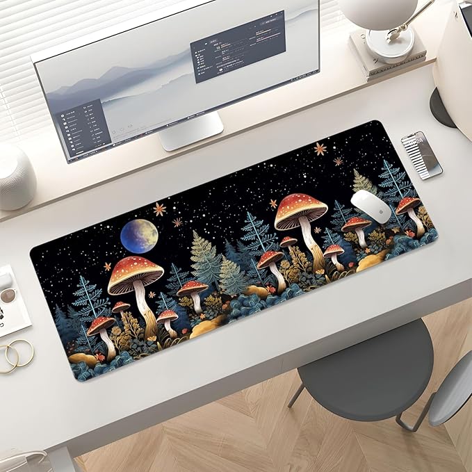 Mousepad Desk Mat Gaming Large Keyboard Cute Office Desktop Computer Laptop XXL Long Big Kawaii Aesthetic Girly Pretty Design Women Girl Gamer Oversized Wide 30x12'' Mousepad, Moon Mushroom