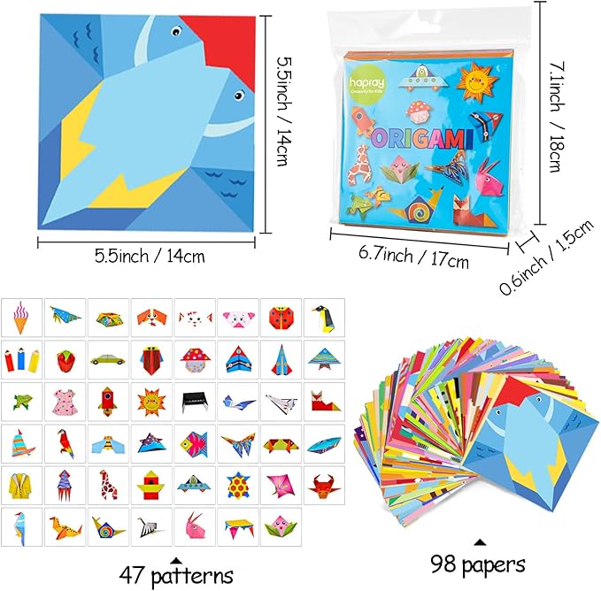 Origami Kit for Kids Ages 5-8 8-12, with Guiding Book, 98 Sheets Paper with 47 Patterns, DIY Art and Craft Projects, Beginners Children's Day Gift Boy Girl