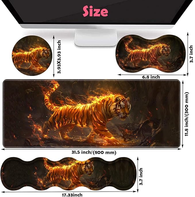 Large XXL Gaming Desk Mat 31.5"x 11.8", Ergonomic Keyboard Wrist Rest & Mouse Pad Wrist Rest + Coaster Set, Non-Slip Base, Memory Foam, Office and Home, Fire Tiger