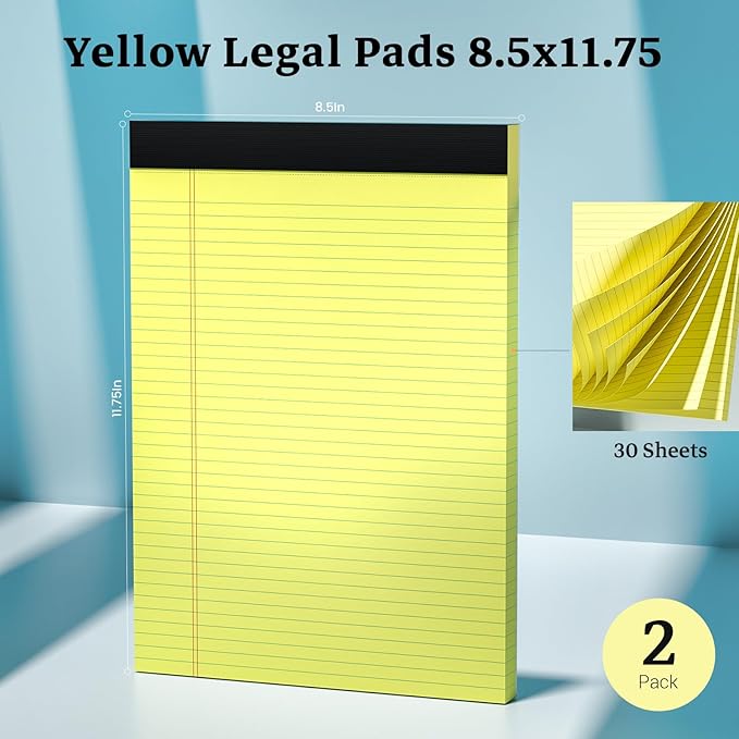 Legal Pads 8.5 x 11 Yellow Note Pads, 2 Pack College Ruled Notepads 8.5 x 11 Lined Paper, Yellow Notebook Paper Writing Pads 30 Sheets Per Legal Pads 8.5x11 for Home Office School Supplies